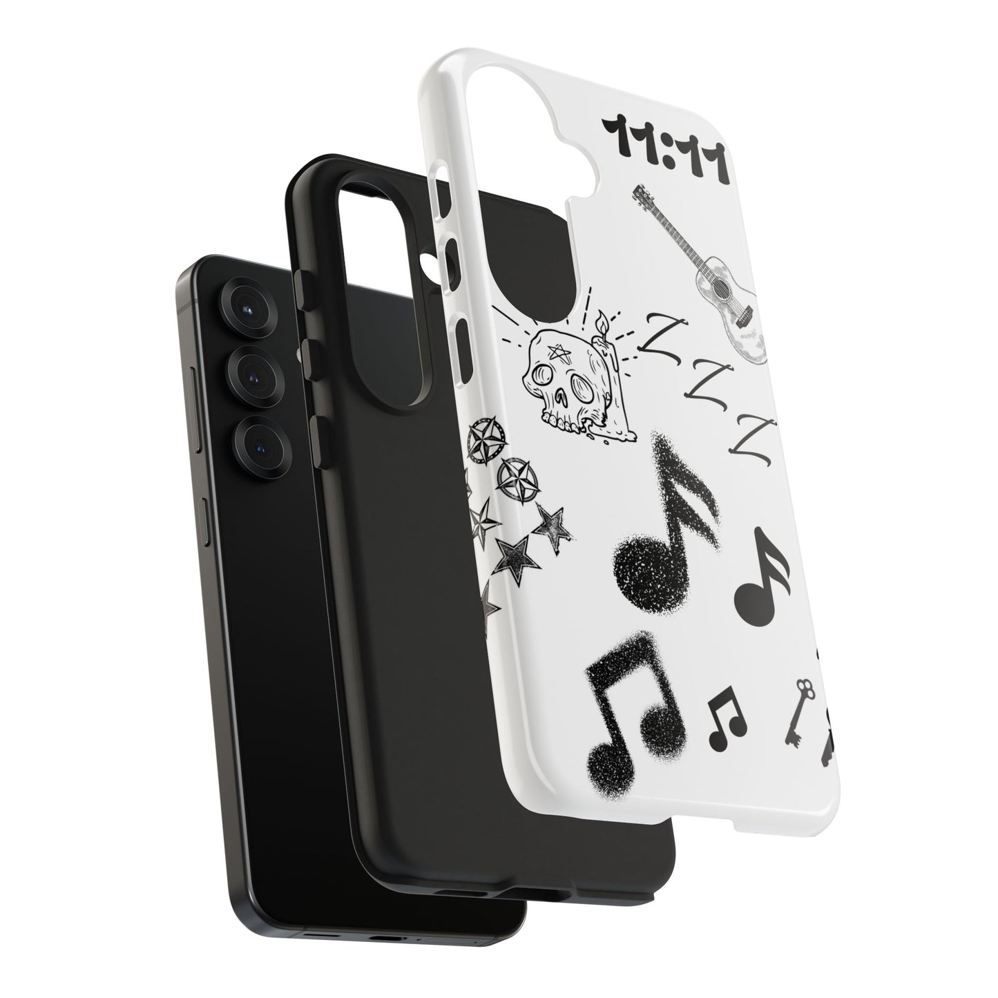 Tough Phone Case — Monochrome Music & Tattoo Doodle Design, 11:11. (No Magsafe)