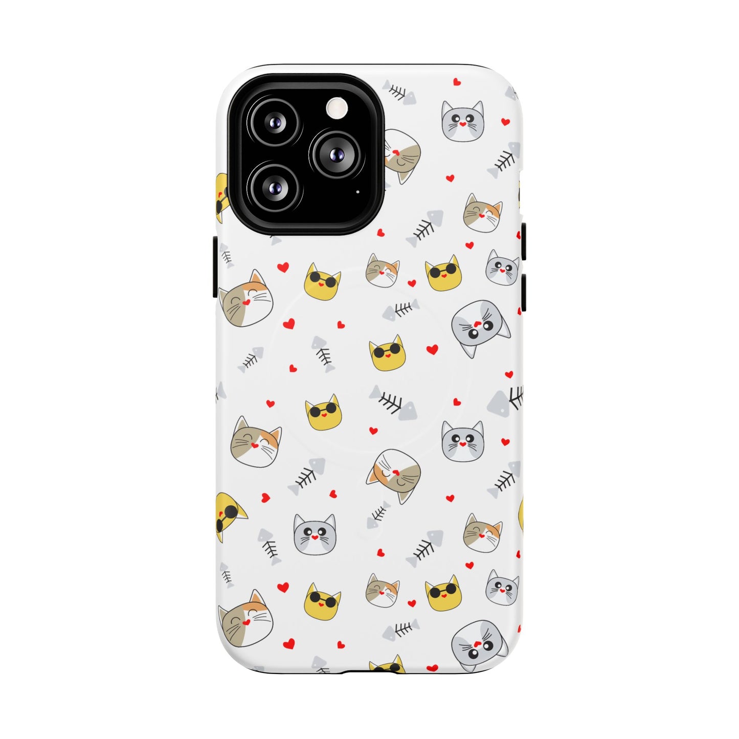 Cute Cat Pattern Tough Magnetic Phone Case — Protective iPhone Cover with Kittens & Hearts
