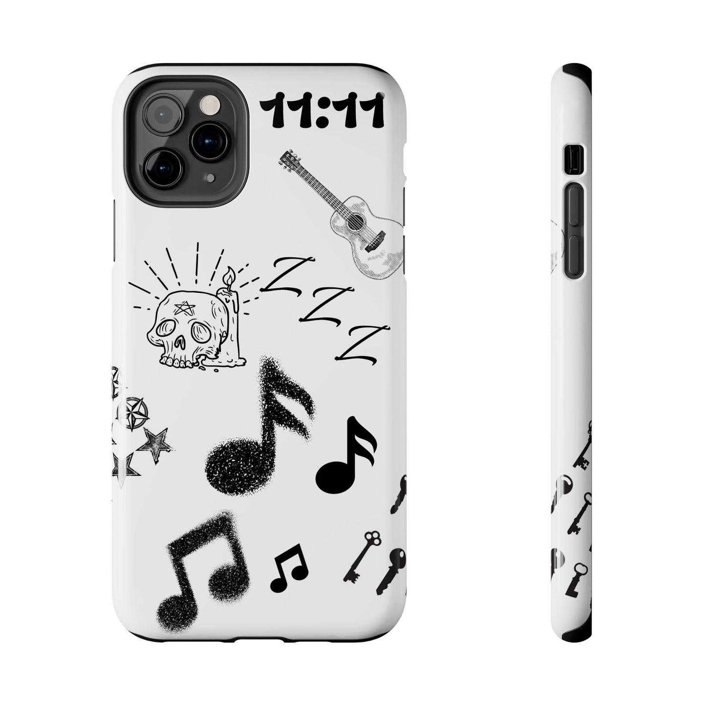 Tough Phone Case — Monochrome Music & Tattoo Doodle Design, 11:11. (No Magsafe)