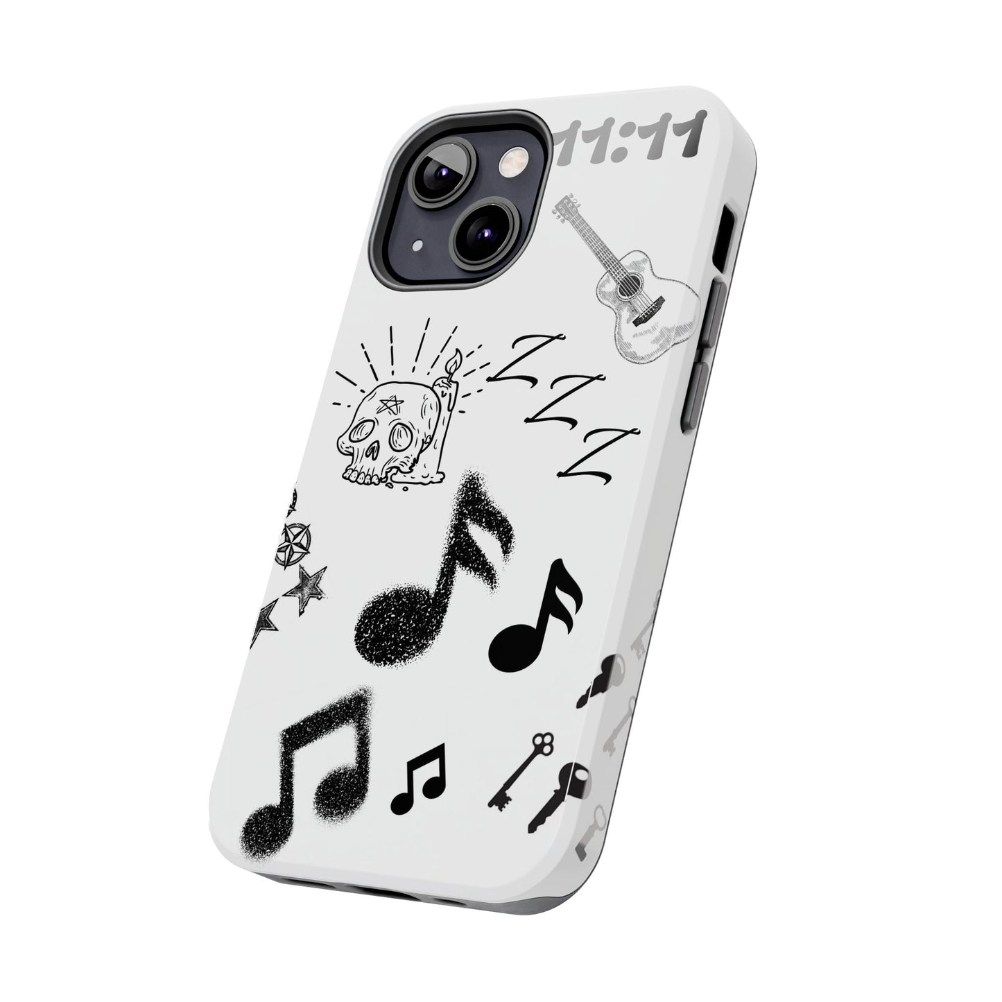 Tough Phone Case — Monochrome Music & Tattoo Doodle Design, 11:11. (No Magsafe)