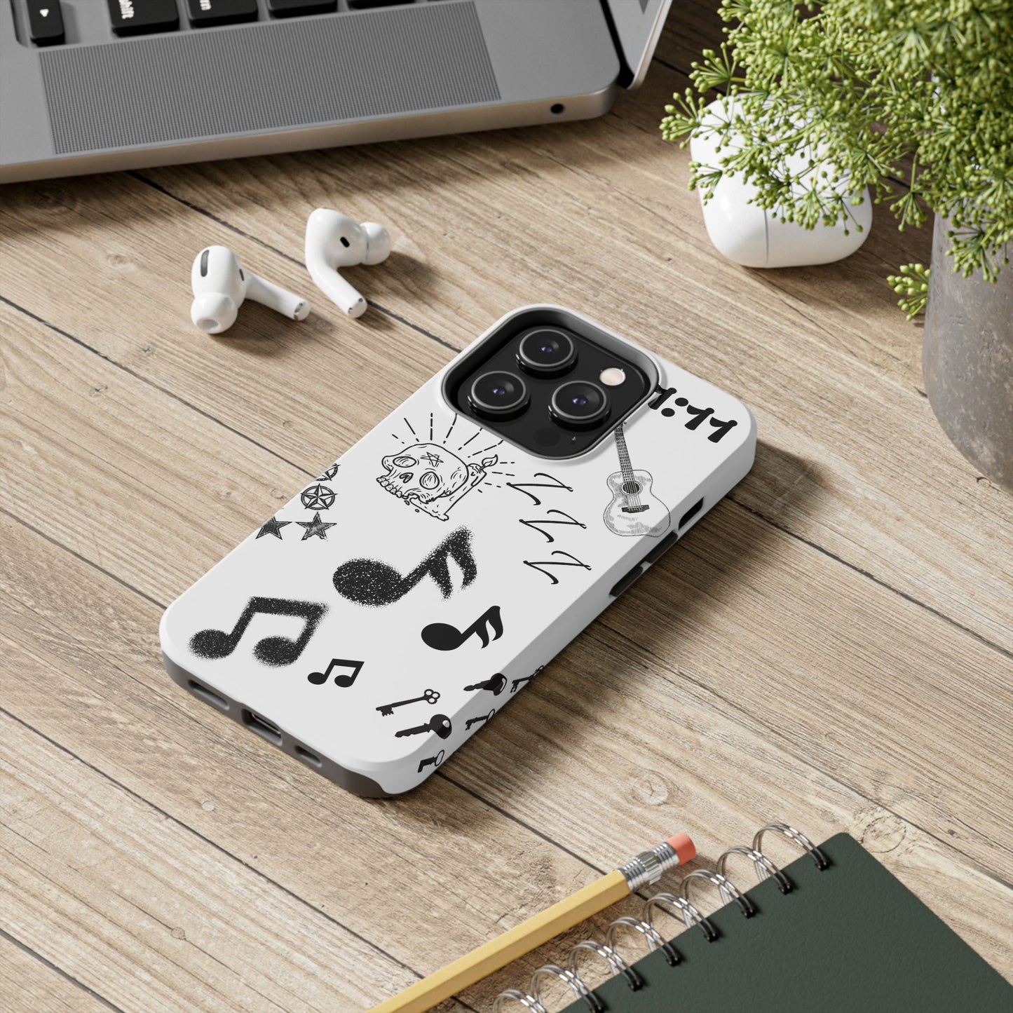 Tough Phone Case — Monochrome Music & Tattoo Doodle Design, 11:11. (No Magsafe)