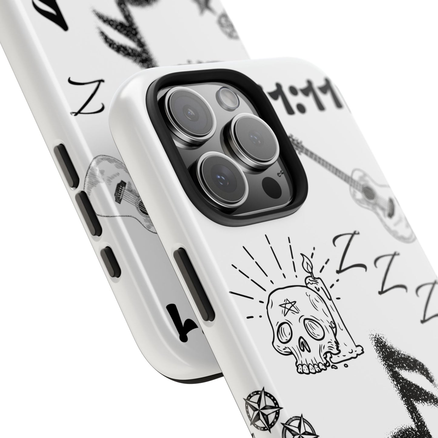 Tough Phone Case — Monochrome Music & Tattoo Doodle Design, 11:11. (No Magsafe)