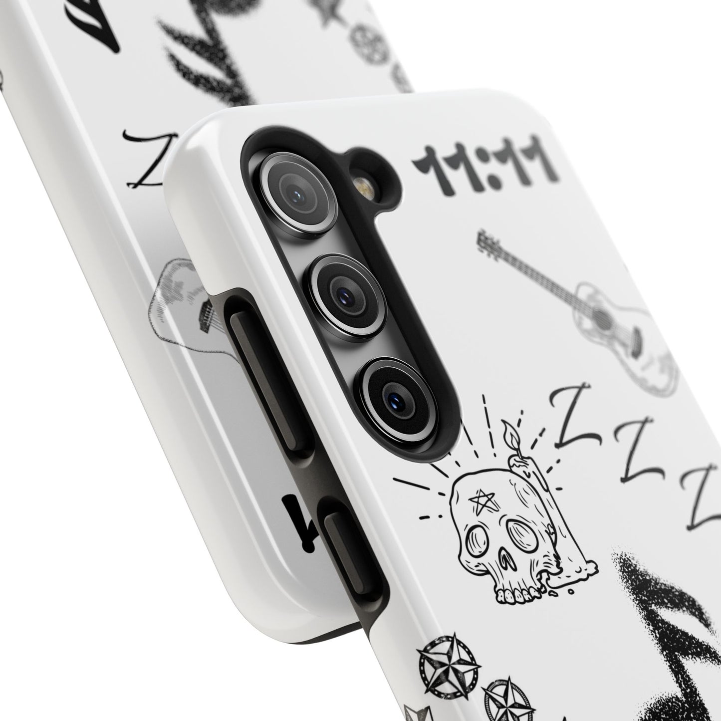 Tough Phone Case — Monochrome Music & Tattoo Doodle Design, 11:11. (No Magsafe)