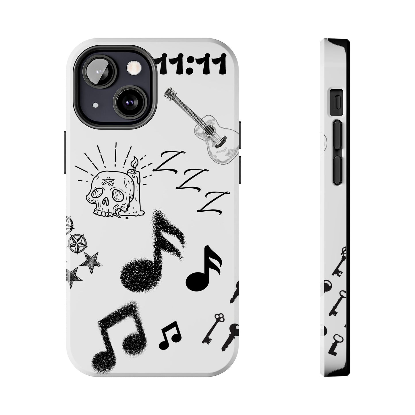 Tough Phone Case — Monochrome Music & Tattoo Doodle Design, 11:11. (No Magsafe)