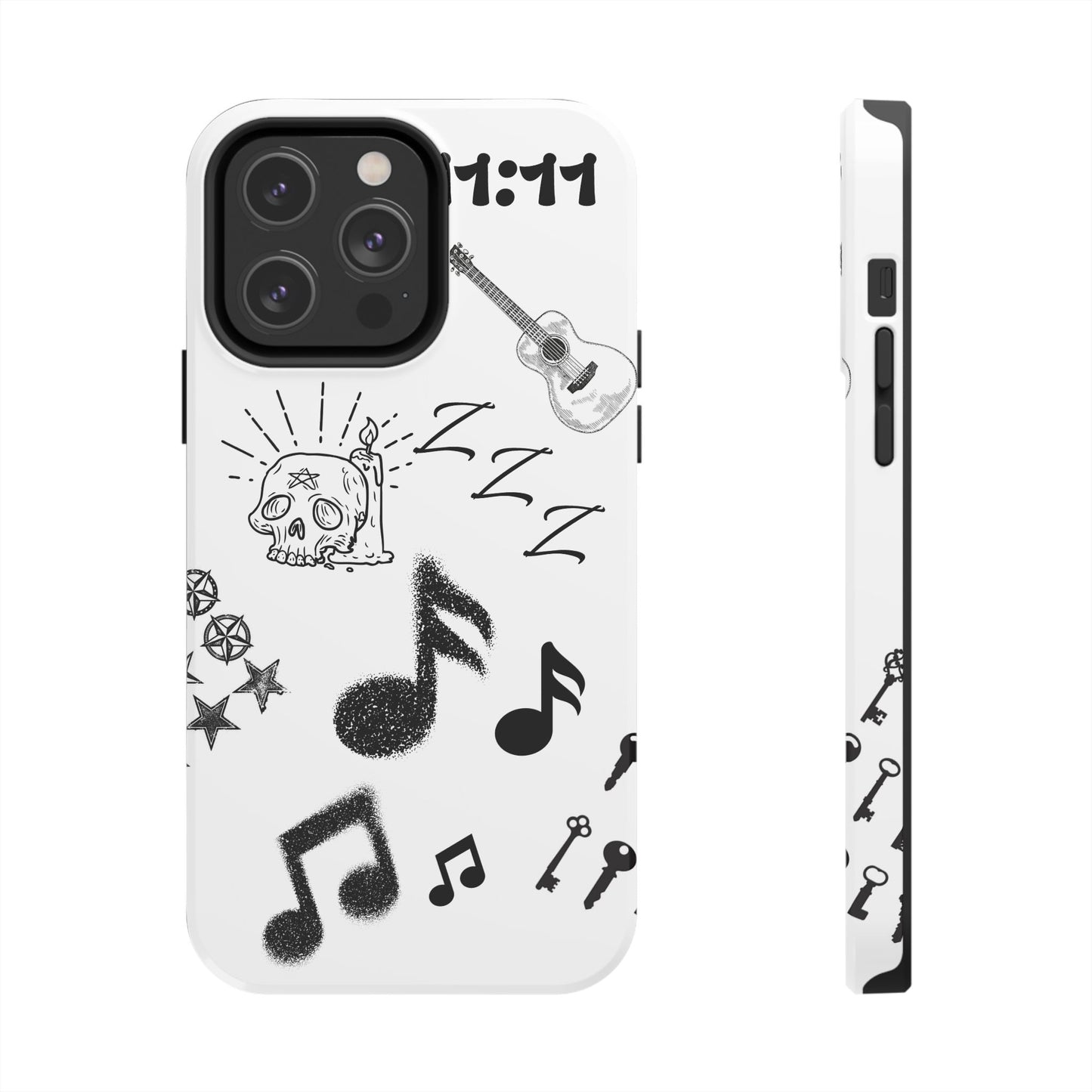 Tough Phone Case — Monochrome Music & Tattoo Doodle Design, 11:11. (No Magsafe)