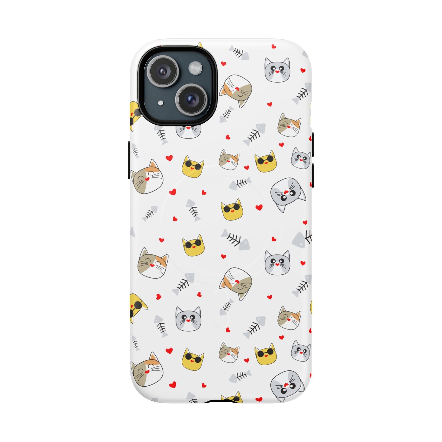 Cute Cat Pattern Tough Magnetic Phone Case — Protective iPhone Cover with Kittens & Hearts