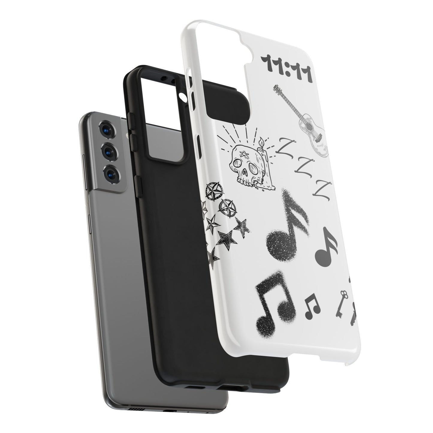 Tough Phone Case — Monochrome Music & Tattoo Doodle Design, 11:11. (No Magsafe)