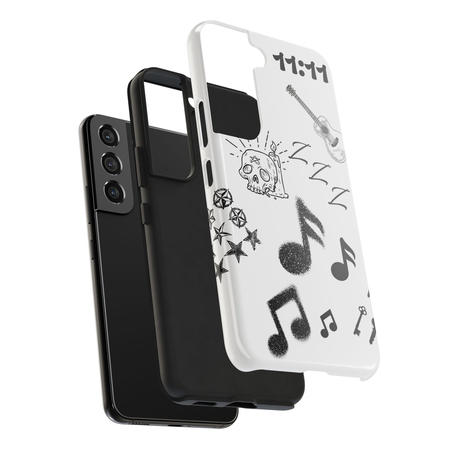 Tough Phone Case — Monochrome Music & Tattoo Doodle Design, 11:11. (No Magsafe)