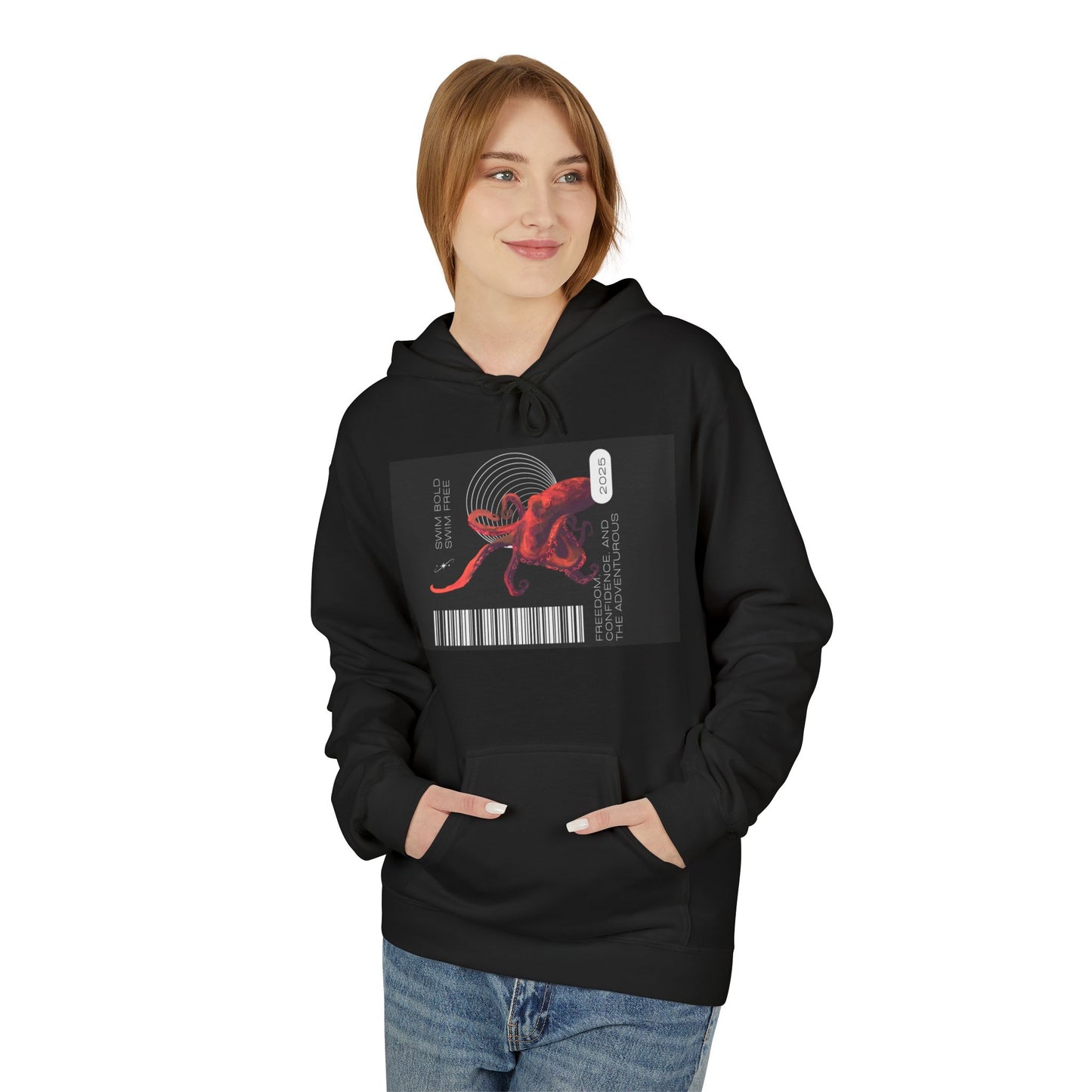 Octopus Barcode Graphic Hoodie — Cyberpunk Red Sea Creature Pullover