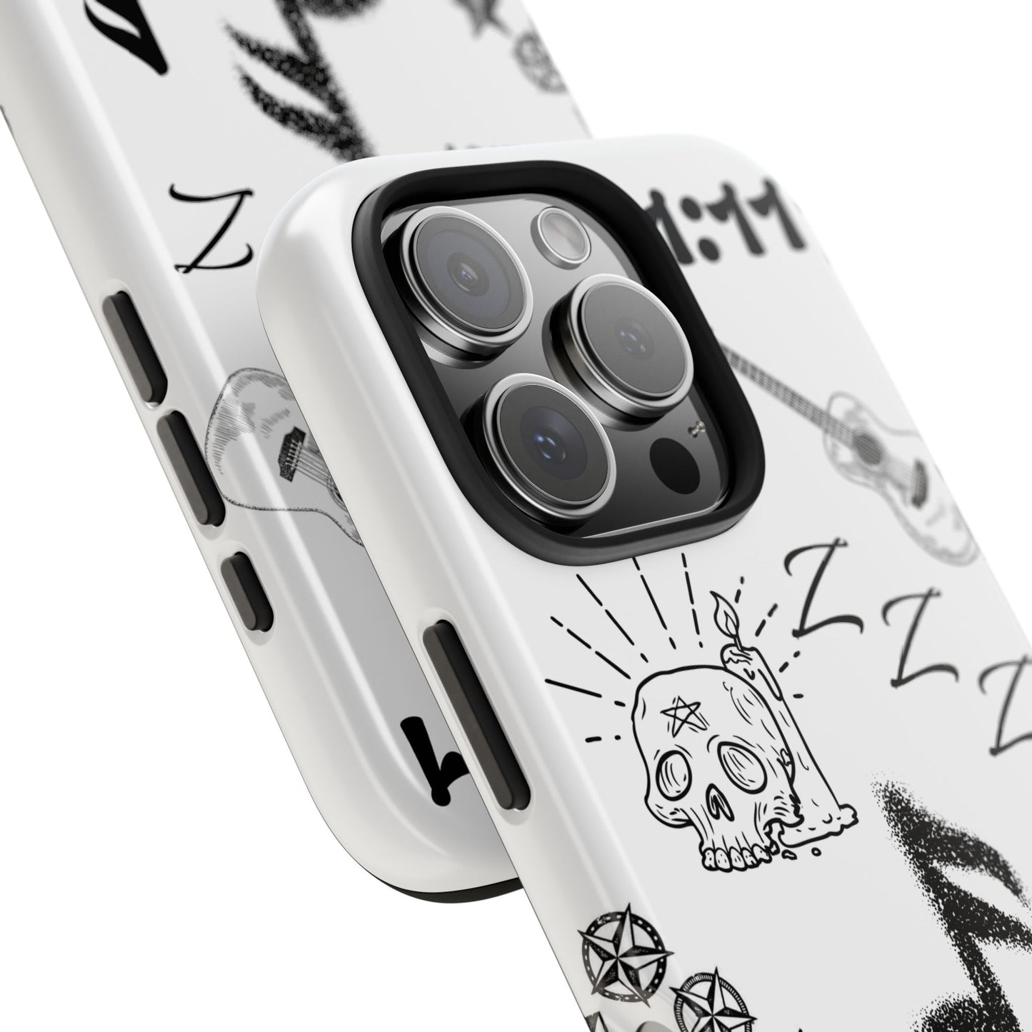 Tough Phone Case — Monochrome Music & Tattoo Doodle Design, 11:11. (No Magsafe)