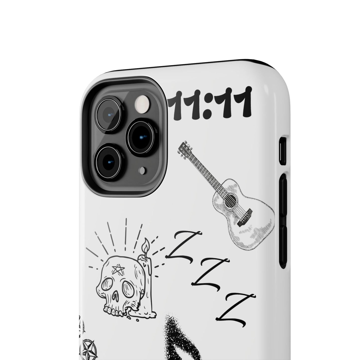 Tough Phone Case — Monochrome Music & Tattoo Doodle Design, 11:11. (No Magsafe)