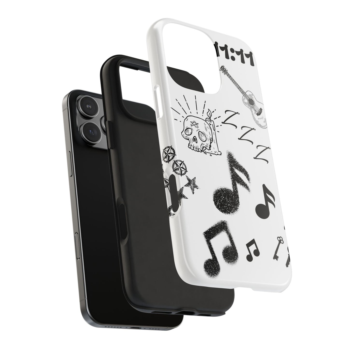 Tough Phone Case — Monochrome Music & Tattoo Doodle Design, 11:11. (No Magsafe)