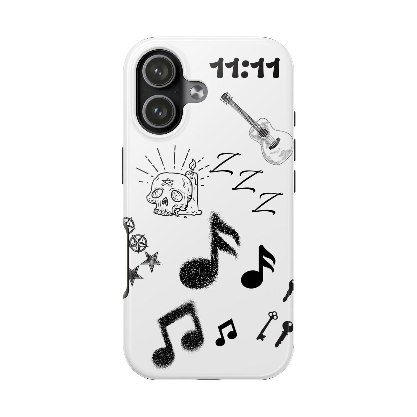 Tough Phone Case — Monochrome Music & Tattoo Doodle Design, 11:11. (No Magsafe)