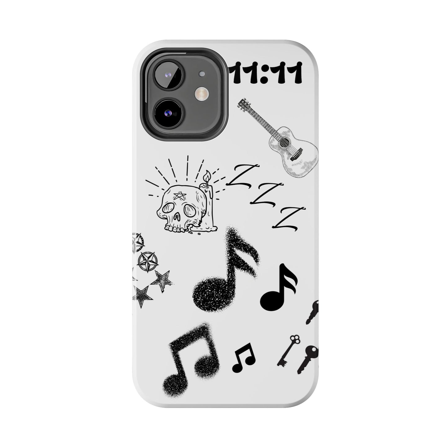 Tough Phone Case — Monochrome Music & Tattoo Doodle Design, 11:11. (No Magsafe)