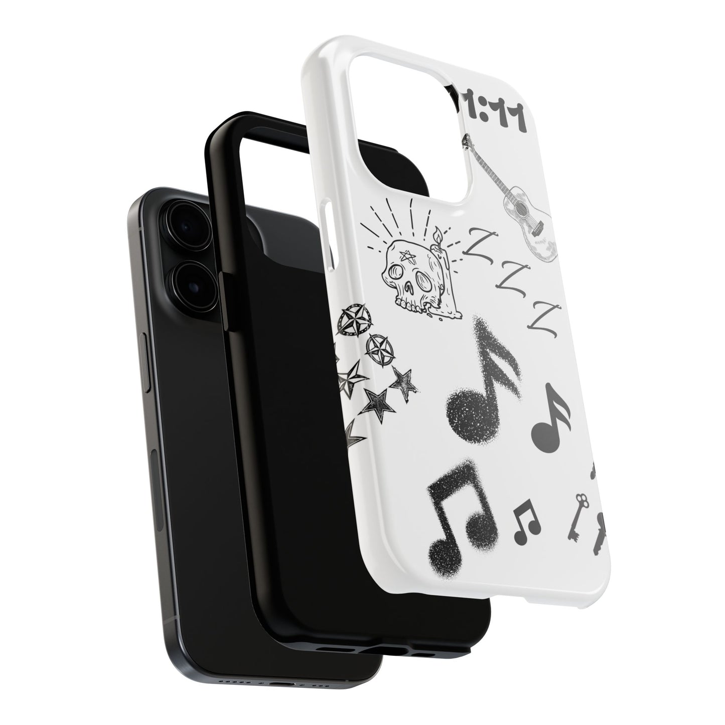 Tough Phone Case — Monochrome Music & Tattoo Doodle Design, 11:11. (No Magsafe)
