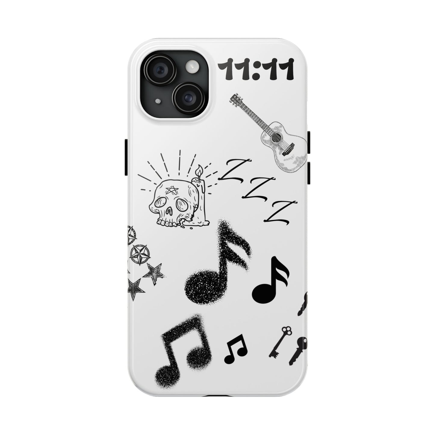 Tough Phone Case — Monochrome Music & Tattoo Doodle Design, 11:11. (No Magsafe)