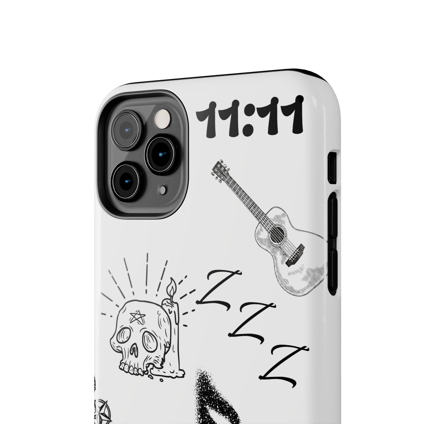 Tough Phone Case — Monochrome Music & Tattoo Doodle Design, 11:11. (No Magsafe)