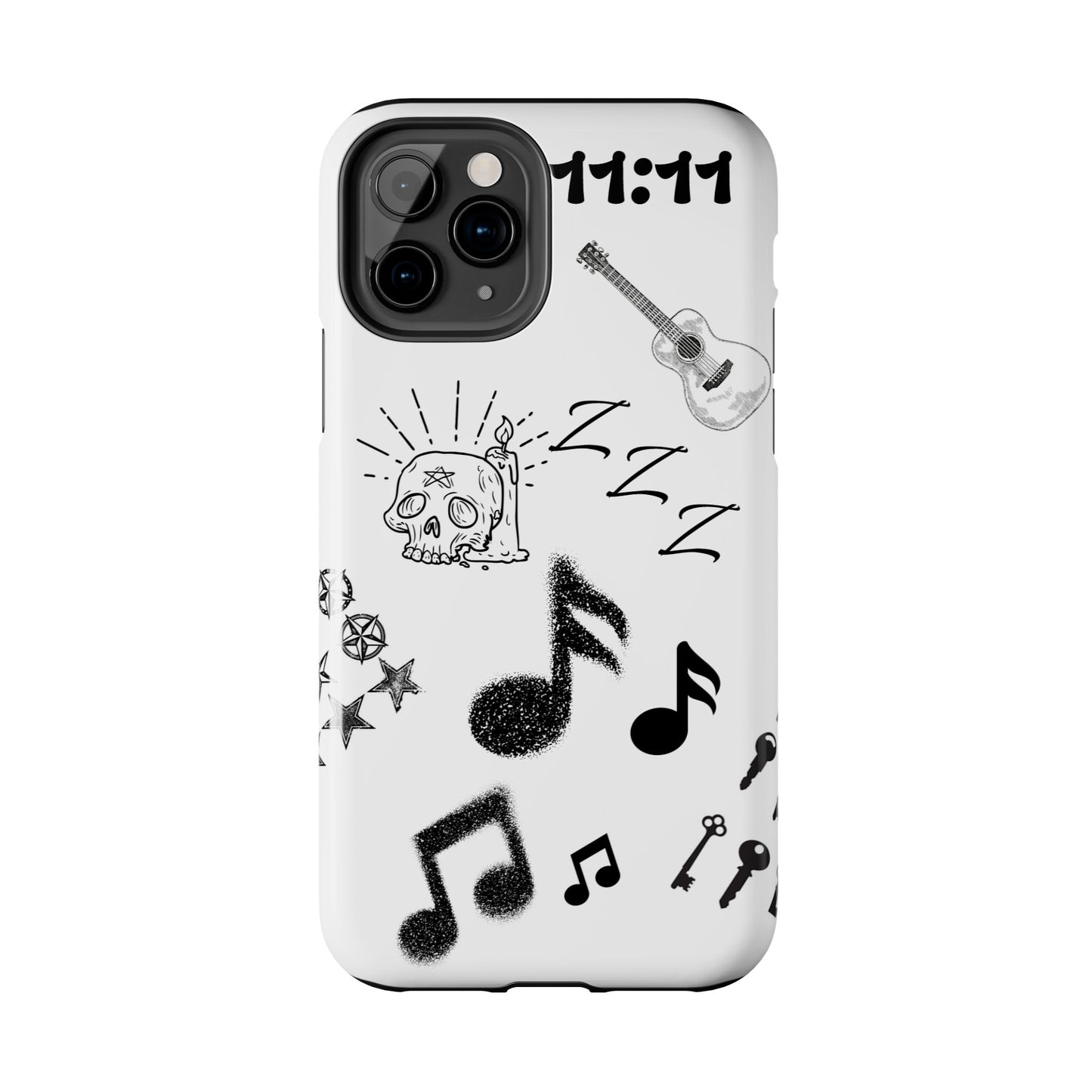 Tough Phone Case — Monochrome Music & Tattoo Doodle Design, 11:11. (No Magsafe)