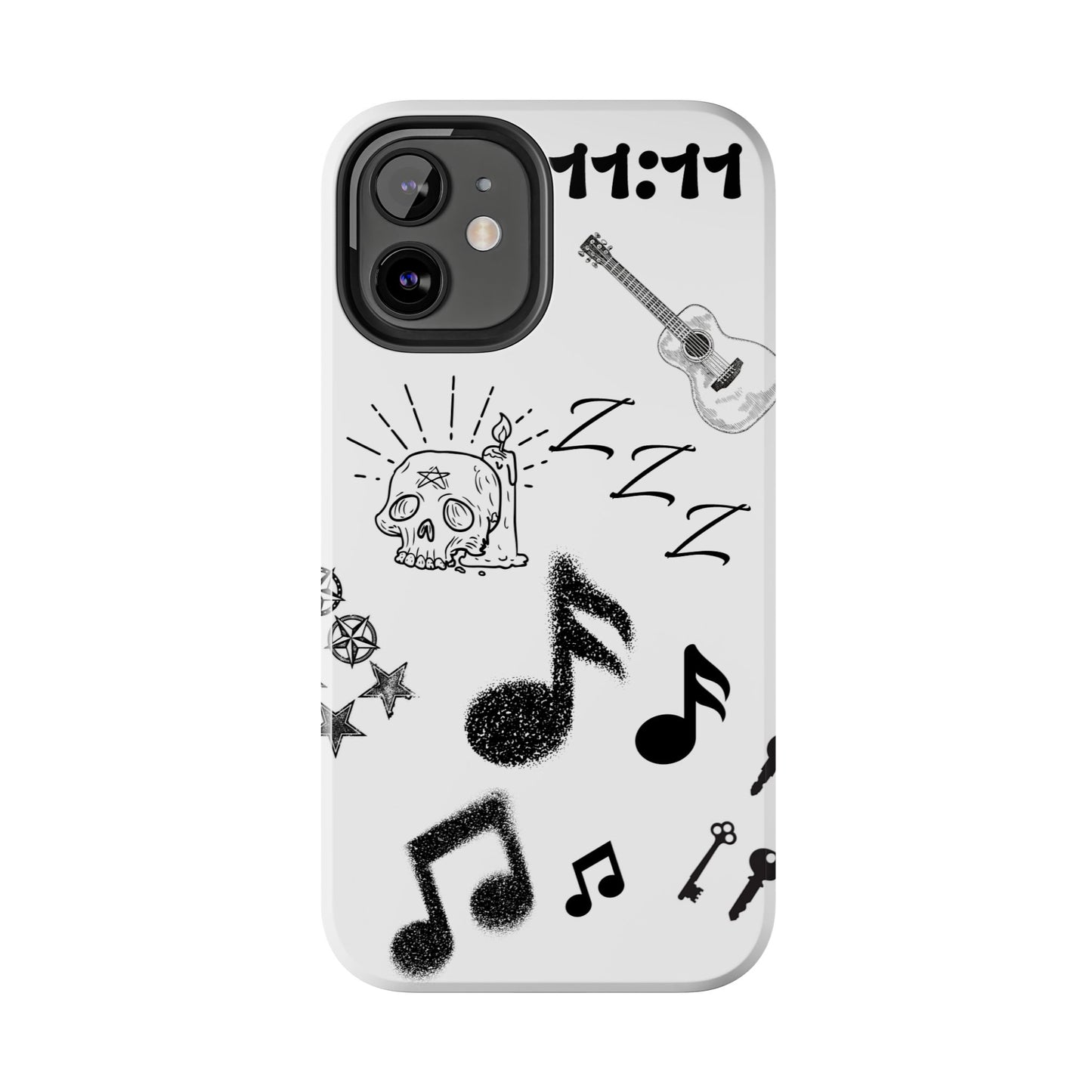 Tough Phone Case — Monochrome Music & Tattoo Doodle Design, 11:11. (No Magsafe)