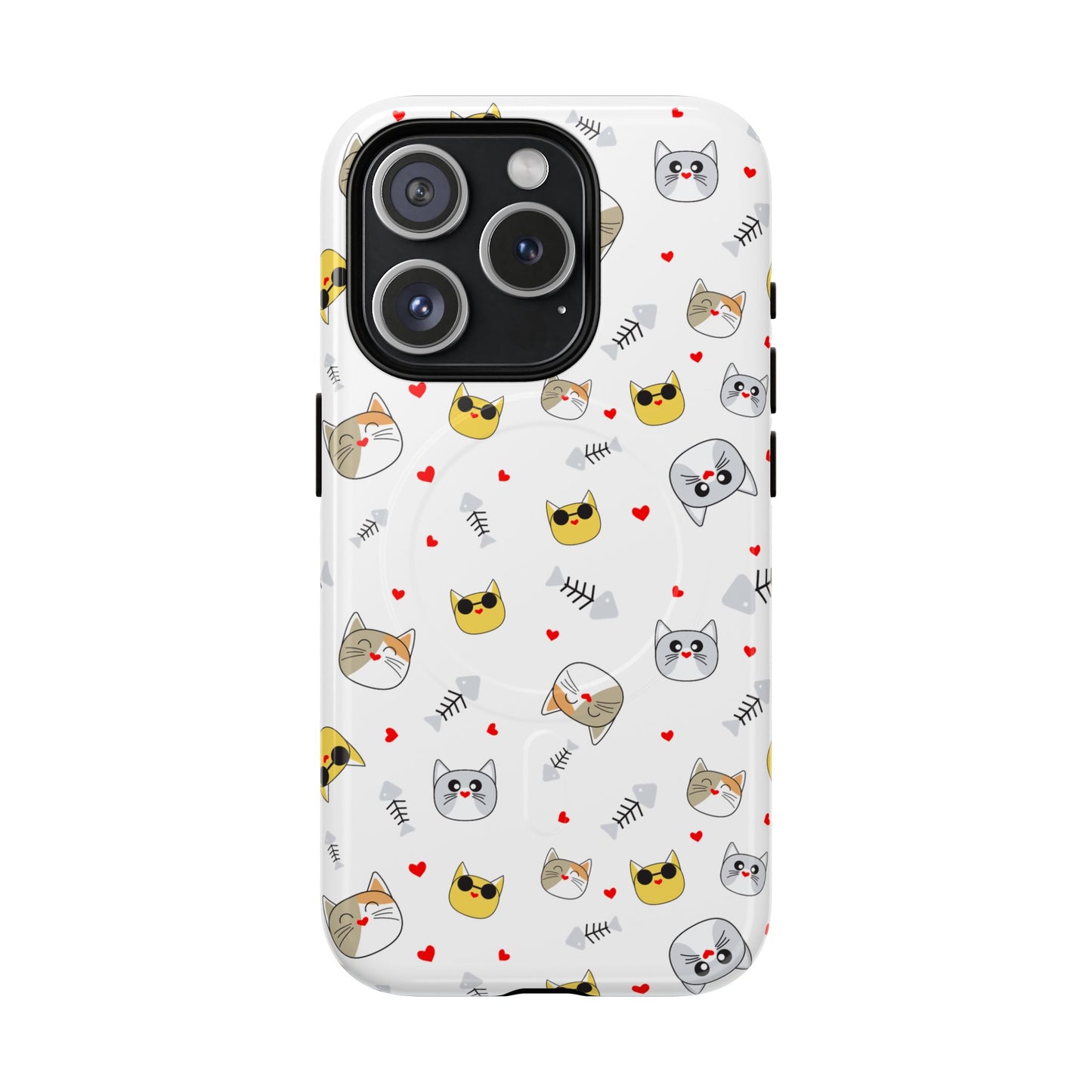 Cute Cat Pattern Tough Magnetic Phone Case — Protective iPhone Cover with Kittens & Hearts