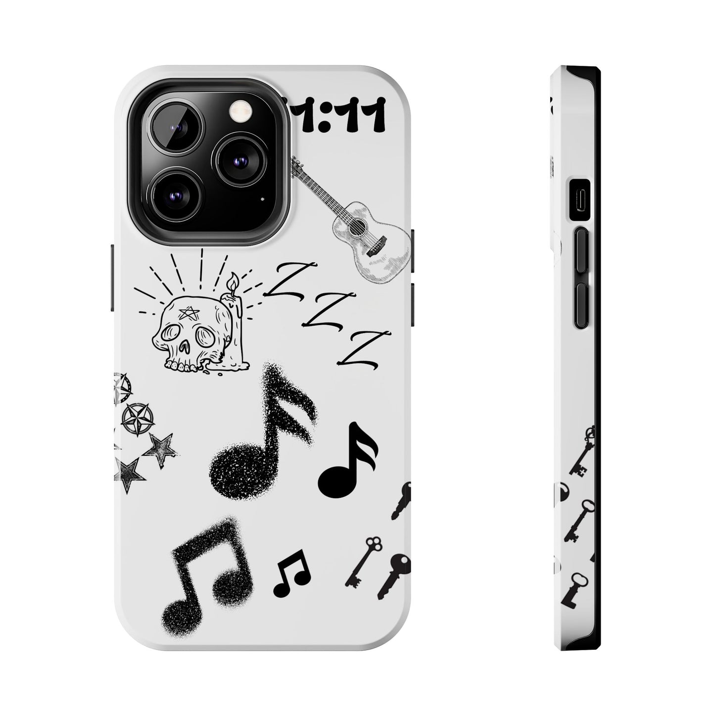 Tough Phone Case — Monochrome Music & Tattoo Doodle Design, 11:11. (No Magsafe)