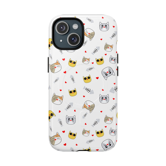 Cute Cat Pattern Tough Magnetic Phone Case — Protective iPhone Cover with Kittens & Hearts