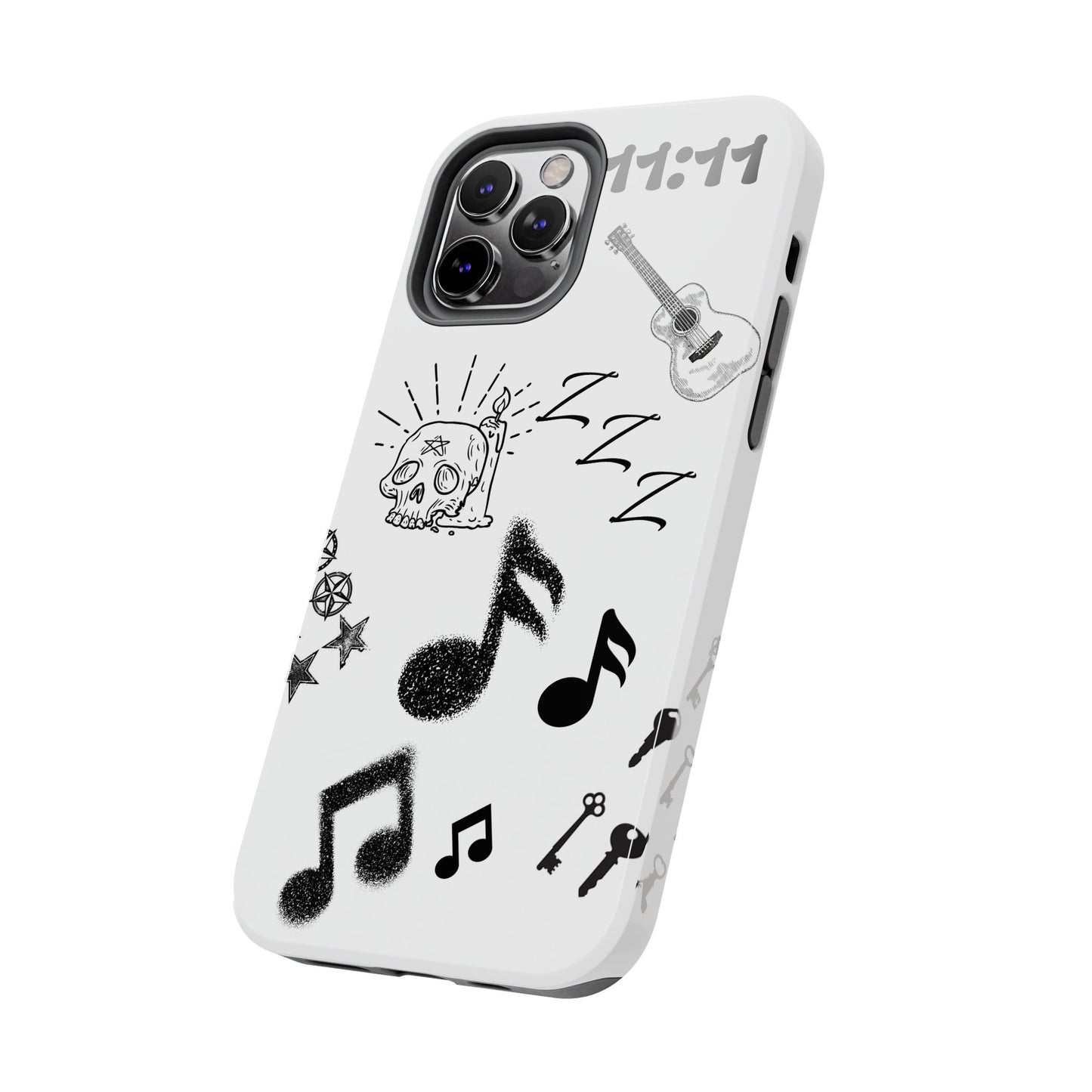 Tough Phone Case — Monochrome Music & Tattoo Doodle Design, 11:11. (No Magsafe)