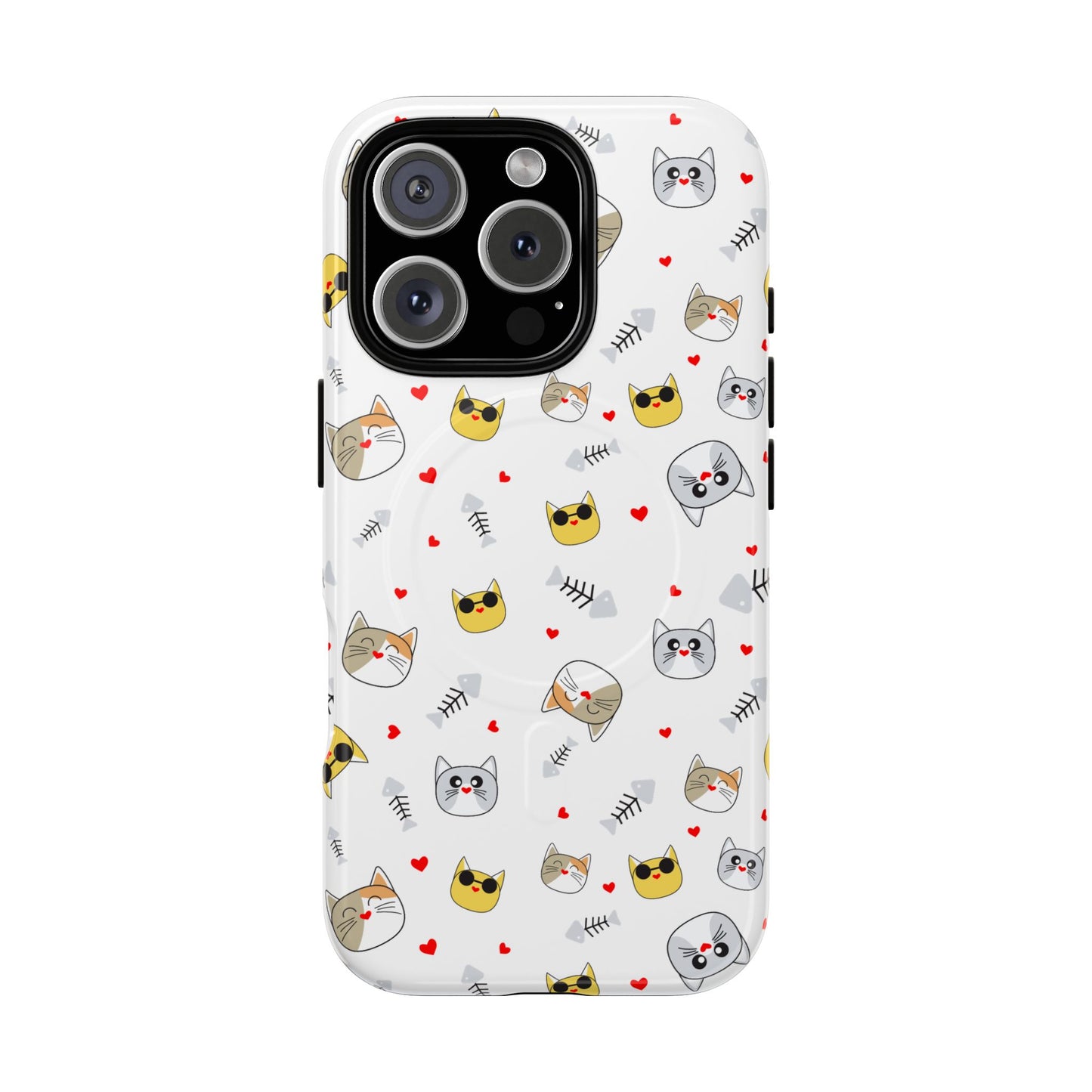 Cute Cat Pattern Tough Magnetic Phone Case — Protective iPhone Cover with Kittens & Hearts
