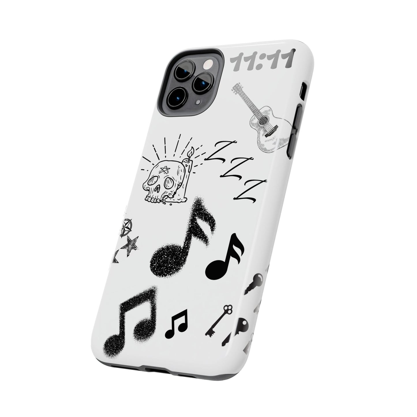 Tough Phone Case — Monochrome Music & Tattoo Doodle Design, 11:11. (No Magsafe)