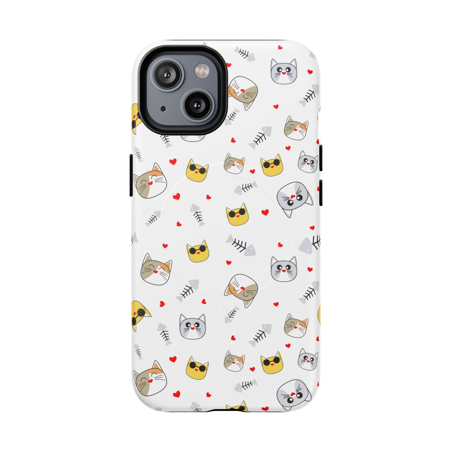 Cute Cat Pattern Tough Magnetic Phone Case — Protective iPhone Cover with Kittens & Hearts