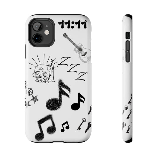 Tough Phone Case — Monochrome Music & Tattoo Doodle Design, 11:11. (No Magsafe)