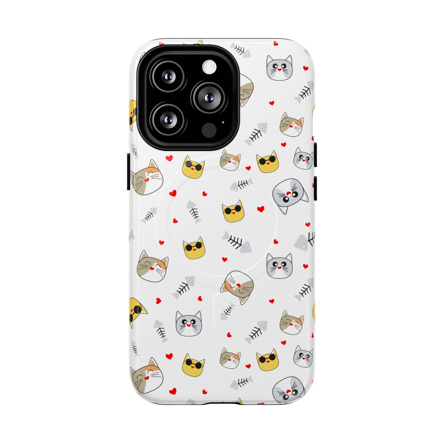 Cute Cat Pattern Tough Magnetic Phone Case — Protective iPhone Cover with Kittens & Hearts