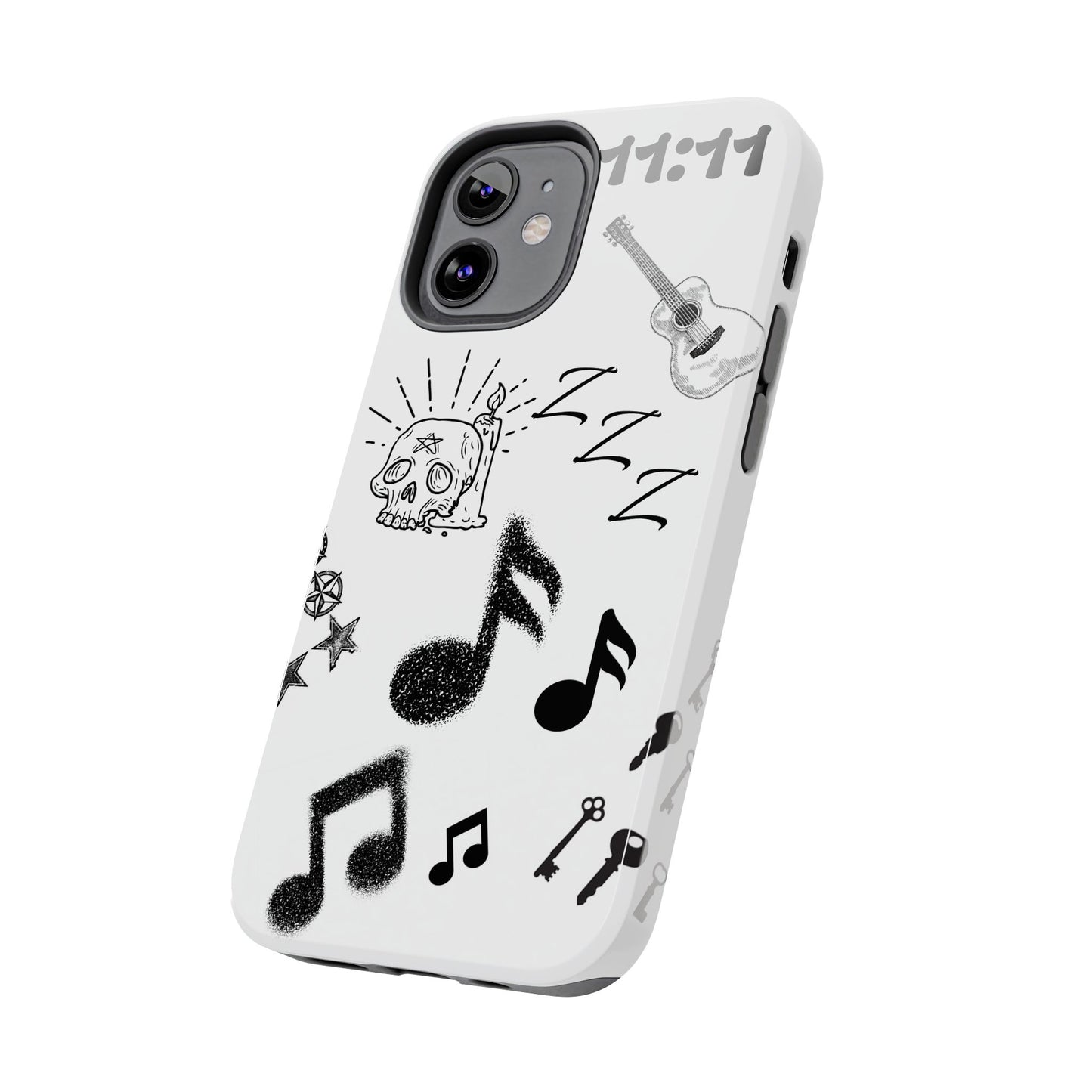Tough Phone Case — Monochrome Music & Tattoo Doodle Design, 11:11. (No Magsafe)