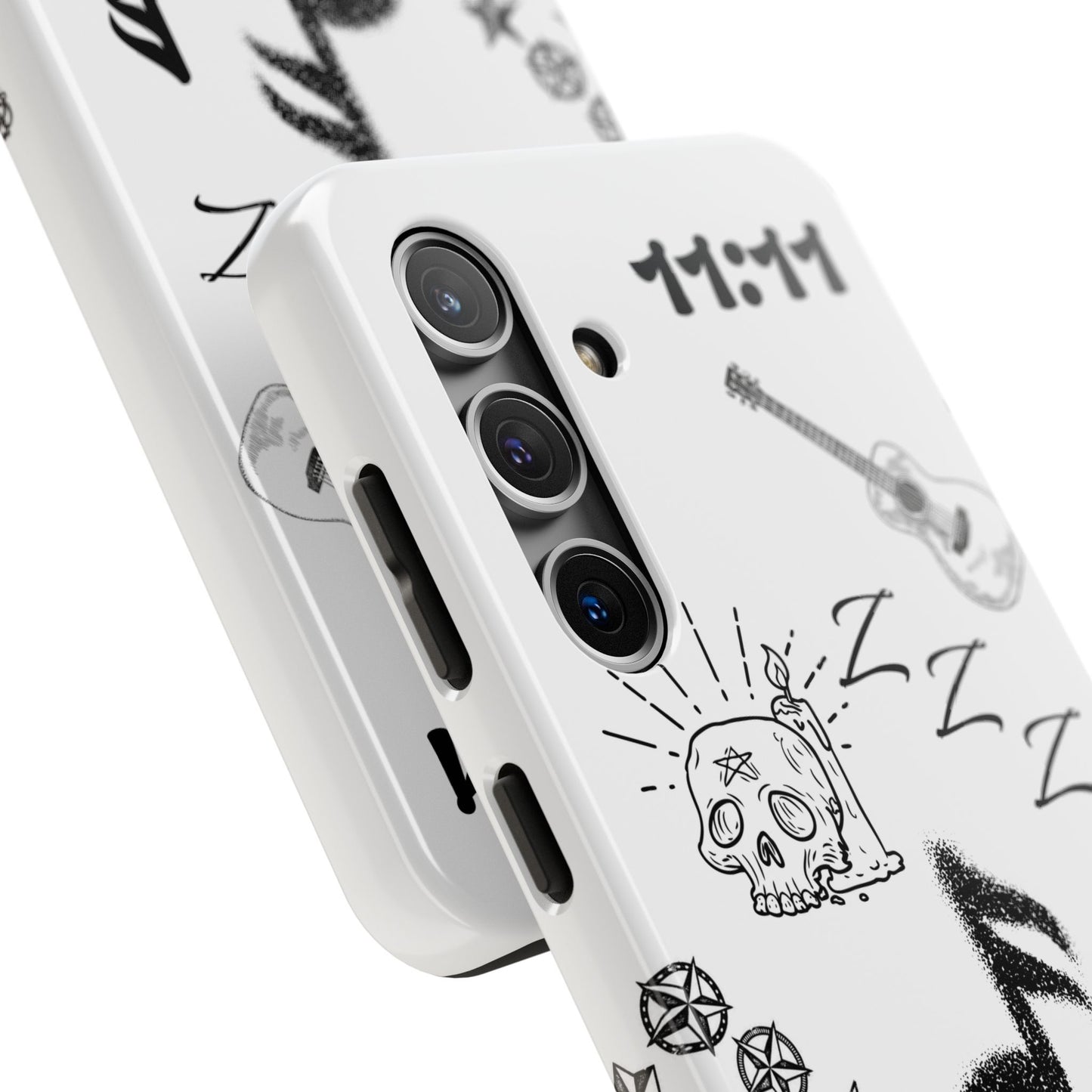 Tough Phone Case — Monochrome Music & Tattoo Doodle Design, 11:11. (No Magsafe)