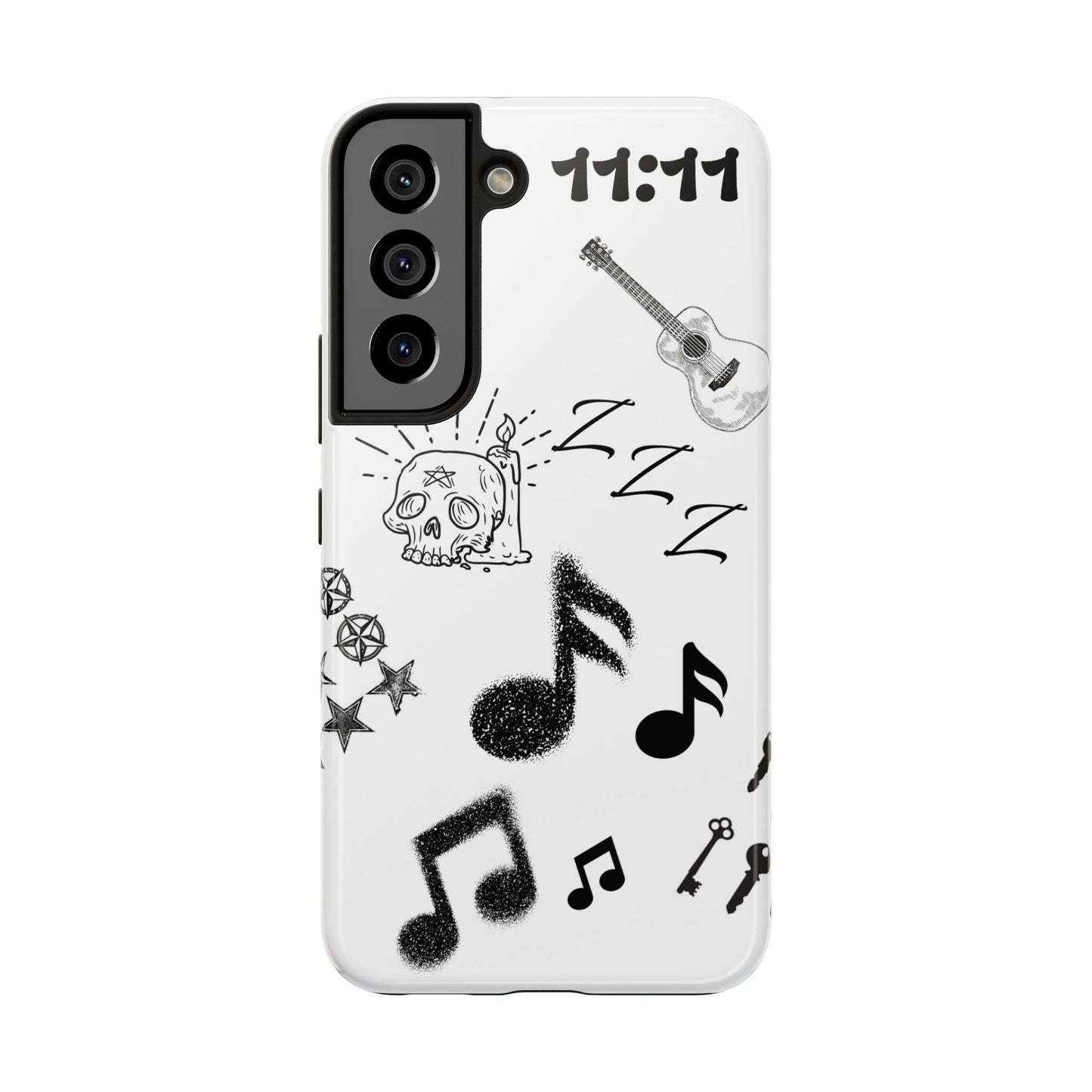 Tough Phone Case — Monochrome Music & Tattoo Doodle Design, 11:11. (No Magsafe)