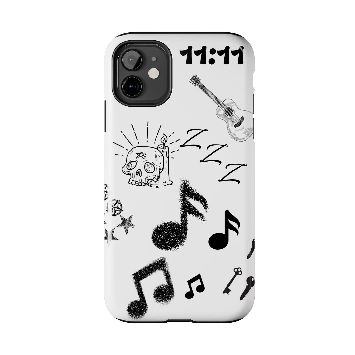 Tough Phone Case — Monochrome Music & Tattoo Doodle Design, 11:11. (No Magsafe)