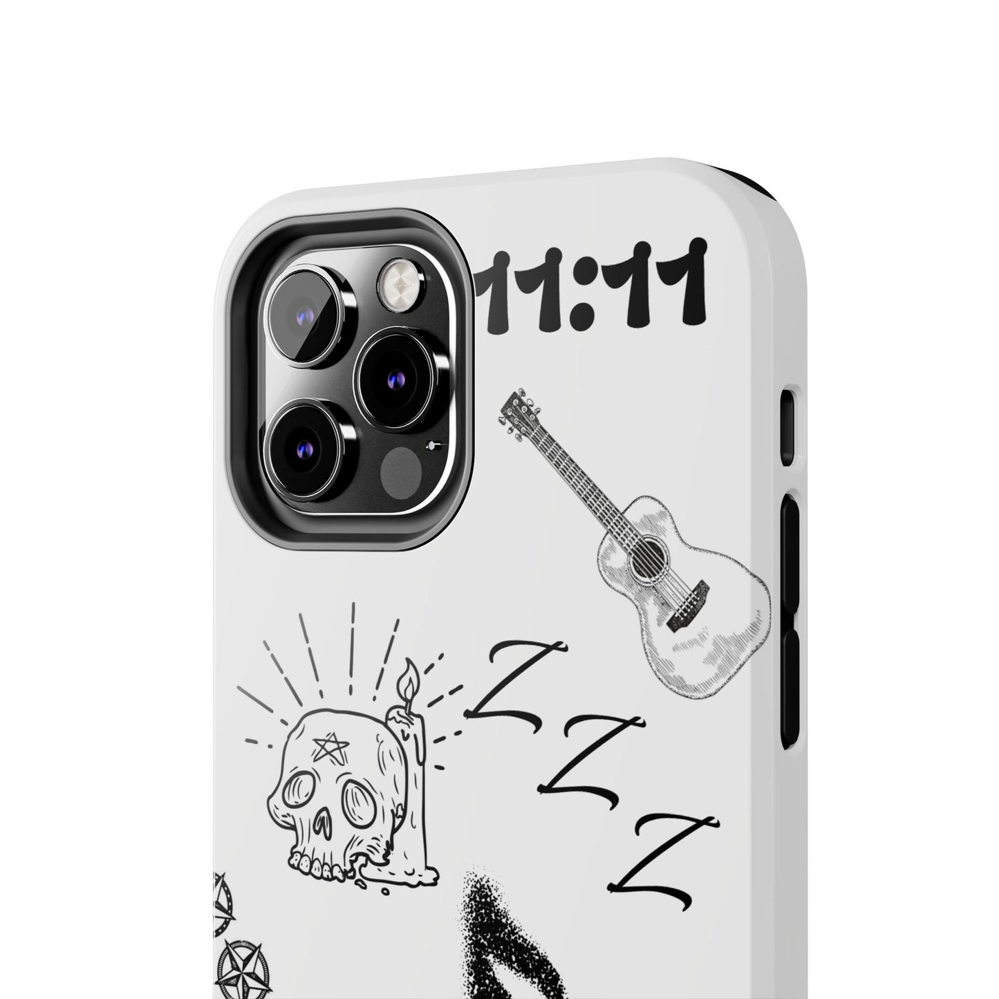 Tough Phone Case — Monochrome Music & Tattoo Doodle Design, 11:11. (No Magsafe)