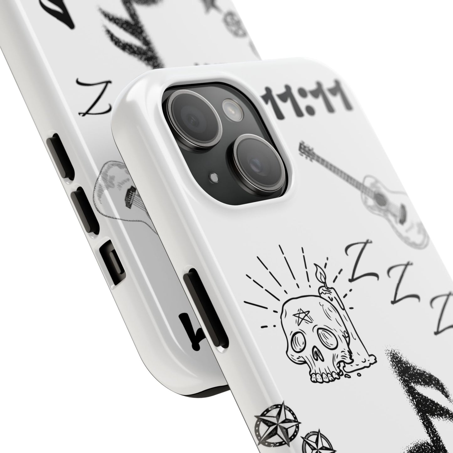 Tough Phone Case — Monochrome Music & Tattoo Doodle Design, 11:11. (No Magsafe)