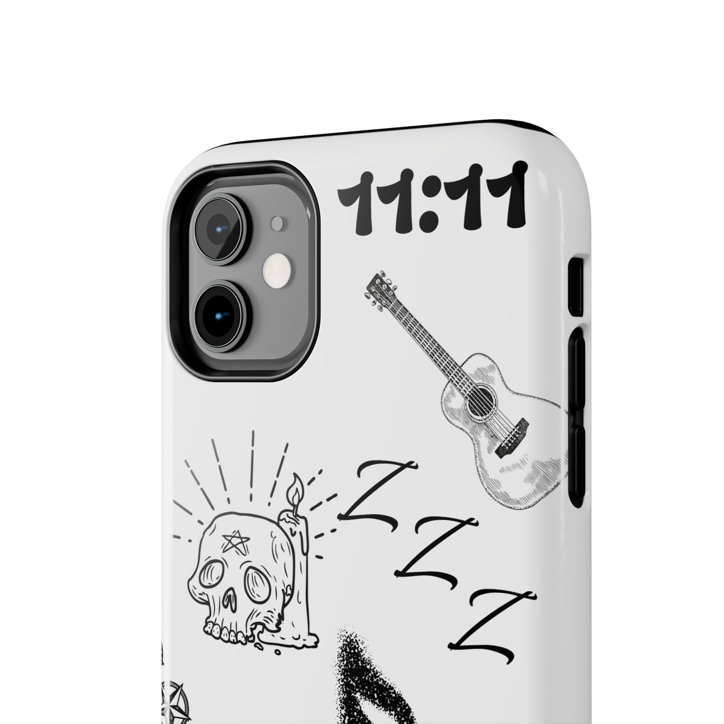Tough Phone Case — Monochrome Music & Tattoo Doodle Design, 11:11. (No Magsafe)