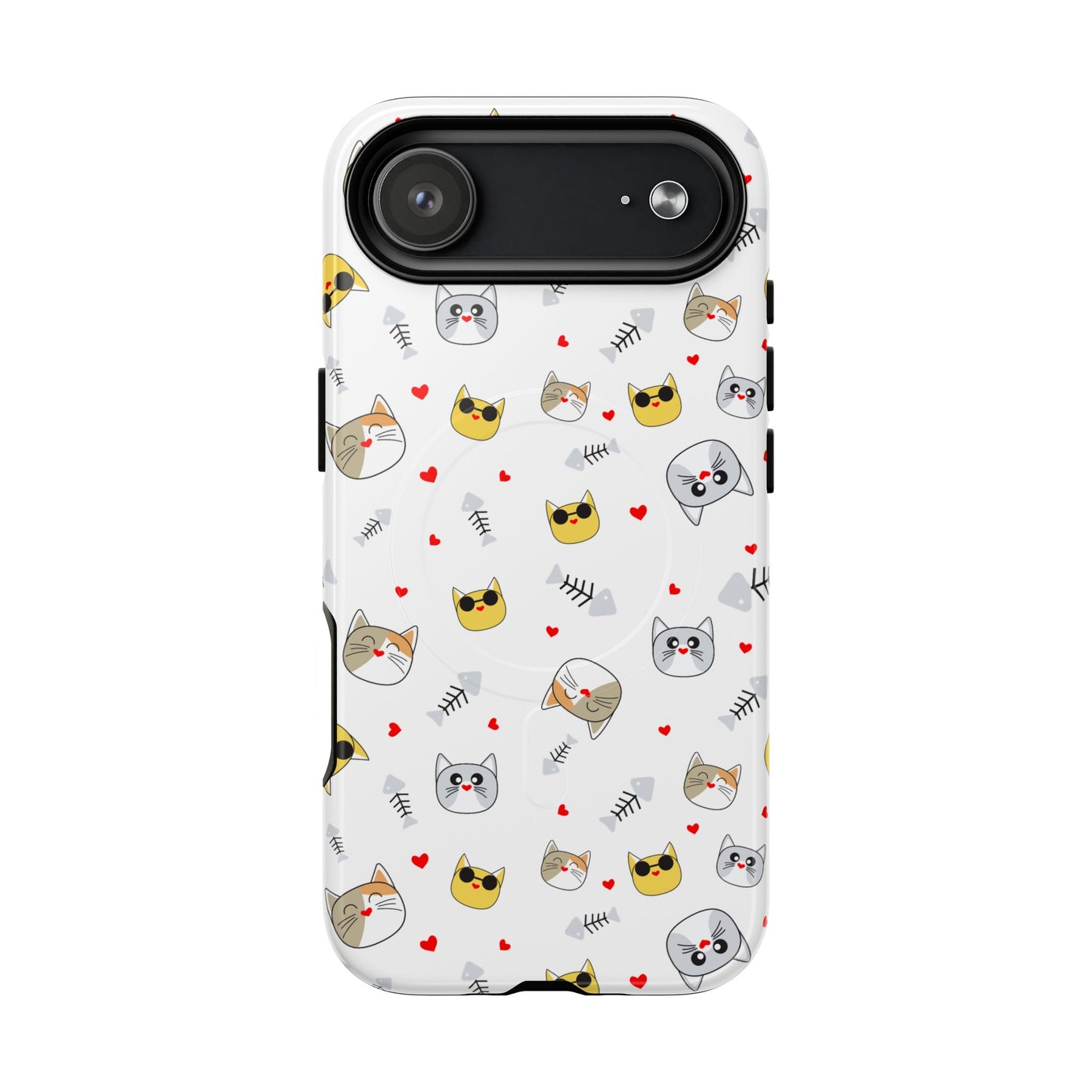 Cute Cat Pattern Tough Magnetic Phone Case — Protective iPhone Cover with Kittens & Hearts