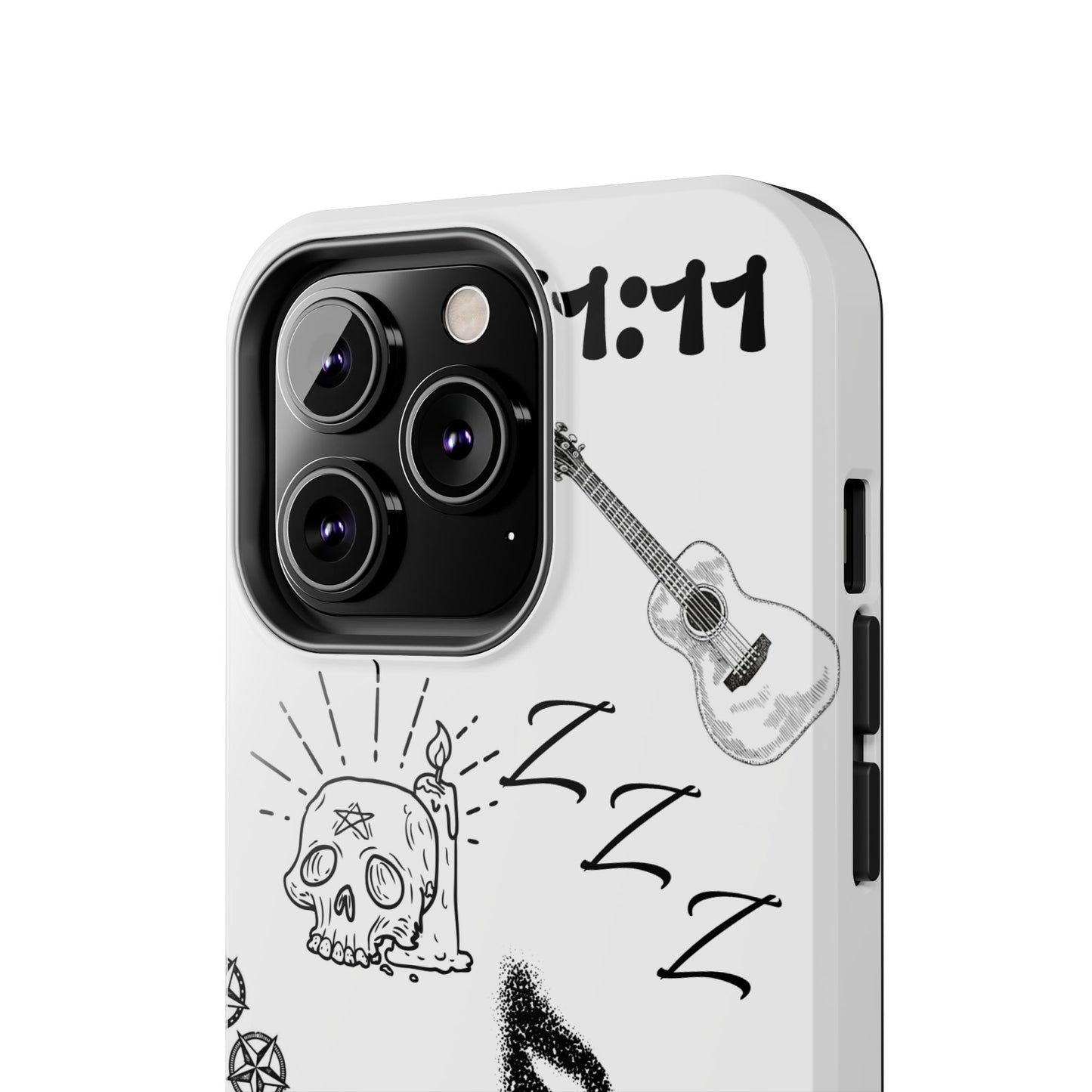 Tough Phone Case — Monochrome Music & Tattoo Doodle Design, 11:11. (No Magsafe)