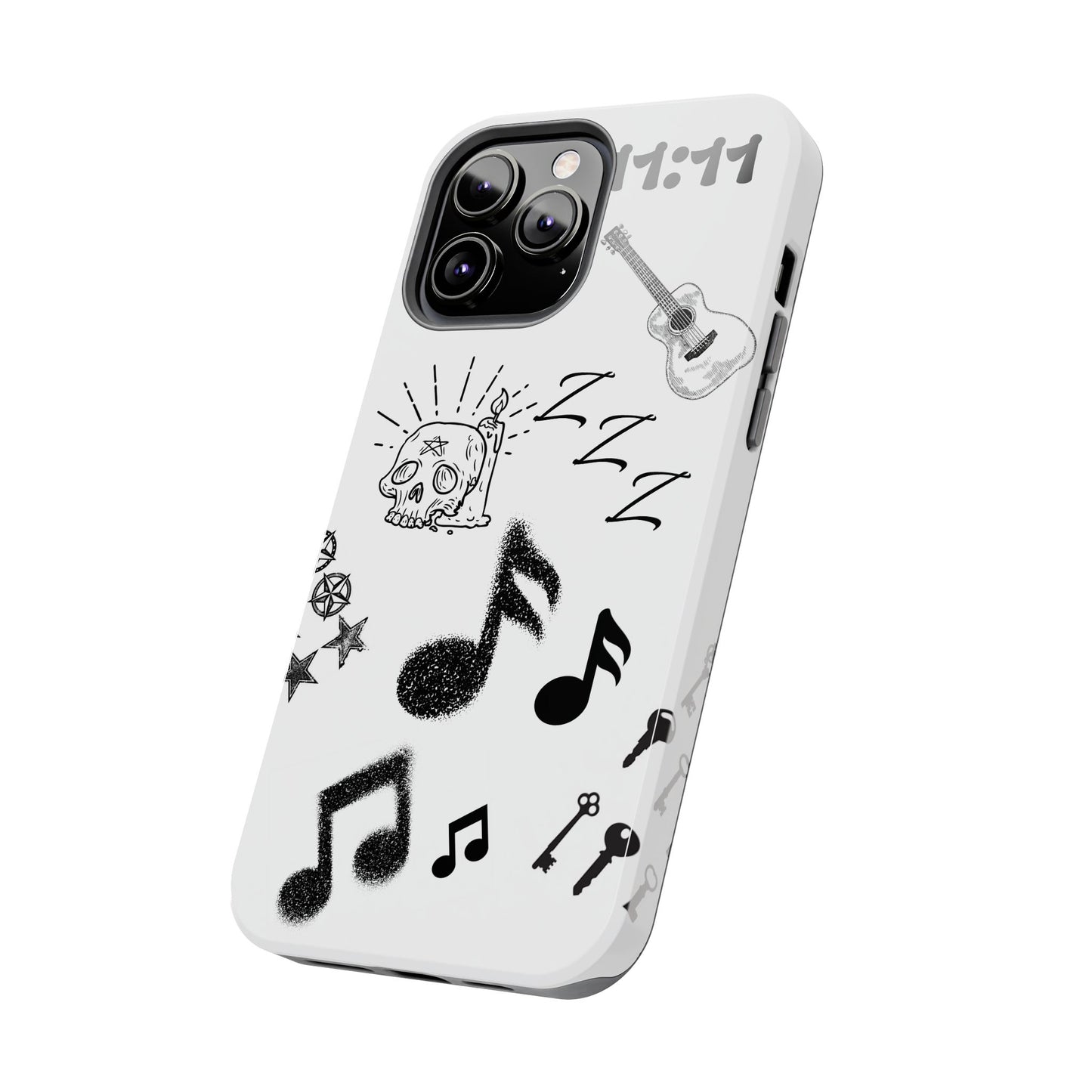 Tough Phone Case — Monochrome Music & Tattoo Doodle Design, 11:11. (No Magsafe)