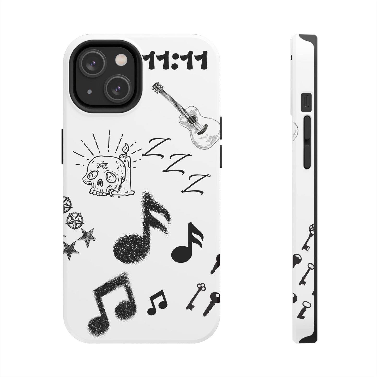 Tough Phone Case — Monochrome Music & Tattoo Doodle Design, 11:11. (No Magsafe)