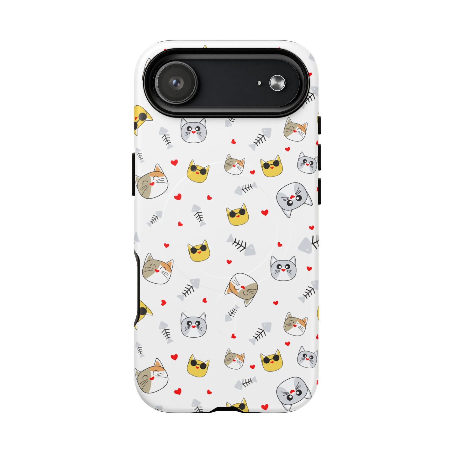 Cute Cat Pattern Tough Magnetic Phone Case — Protective iPhone Cover with Kittens & Hearts