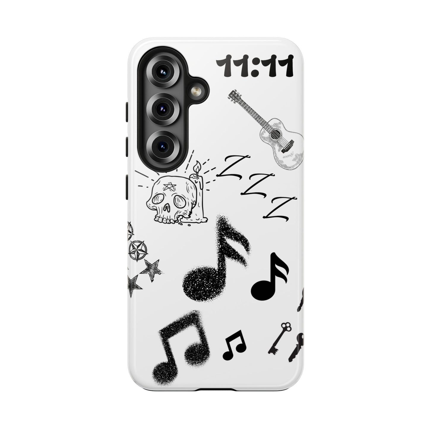 Tough Phone Case — Monochrome Music & Tattoo Doodle Design, 11:11. (No Magsafe)