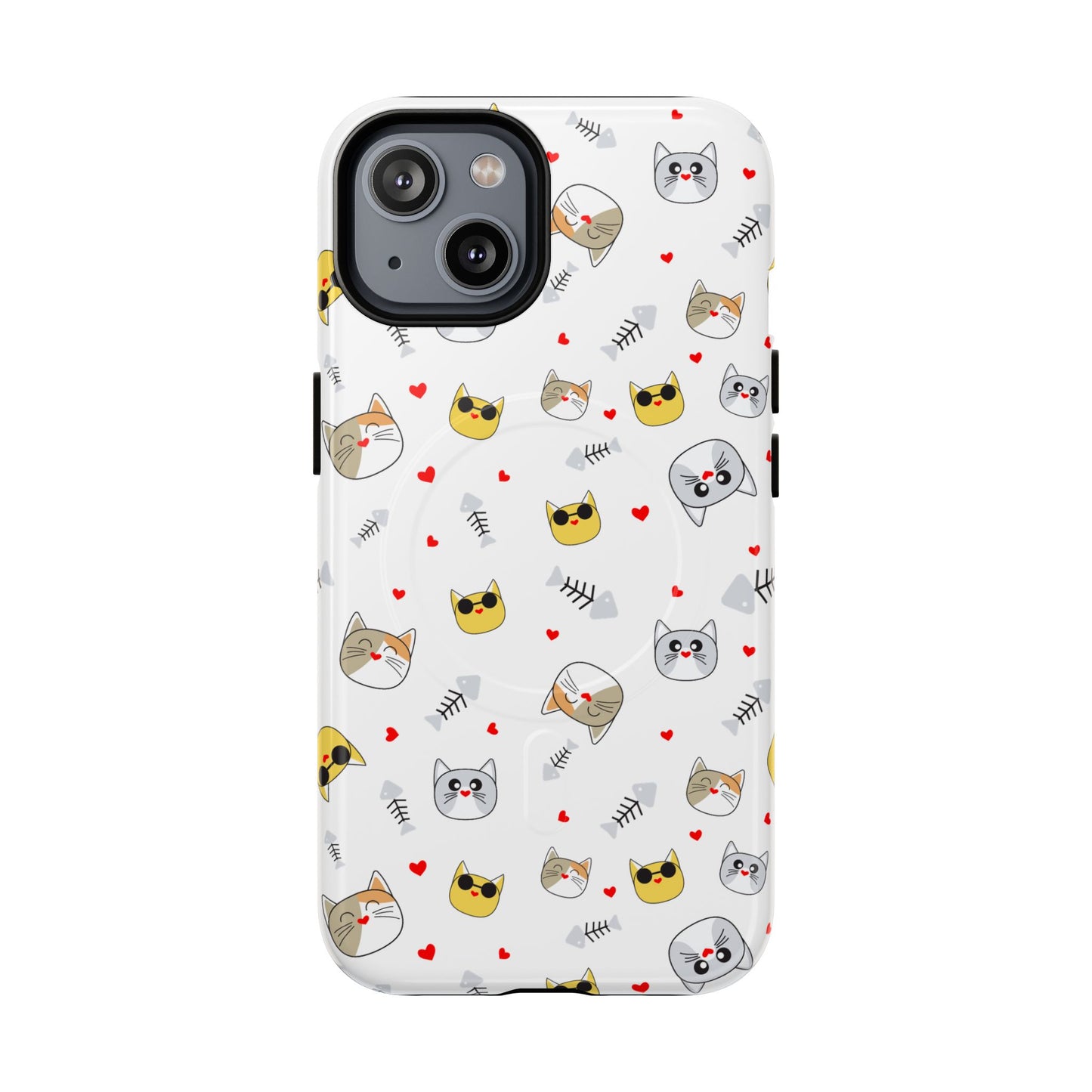 Cute Cat Pattern Tough Magnetic Phone Case — Protective iPhone Cover with Kittens & Hearts