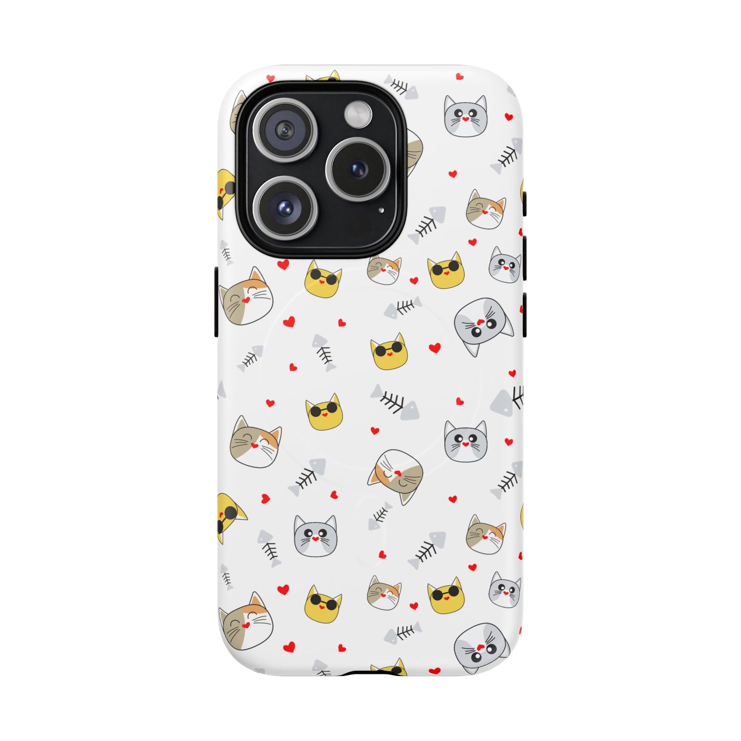 Cute Cat Pattern Tough Magnetic Phone Case — Protective iPhone Cover with Kittens & Hearts