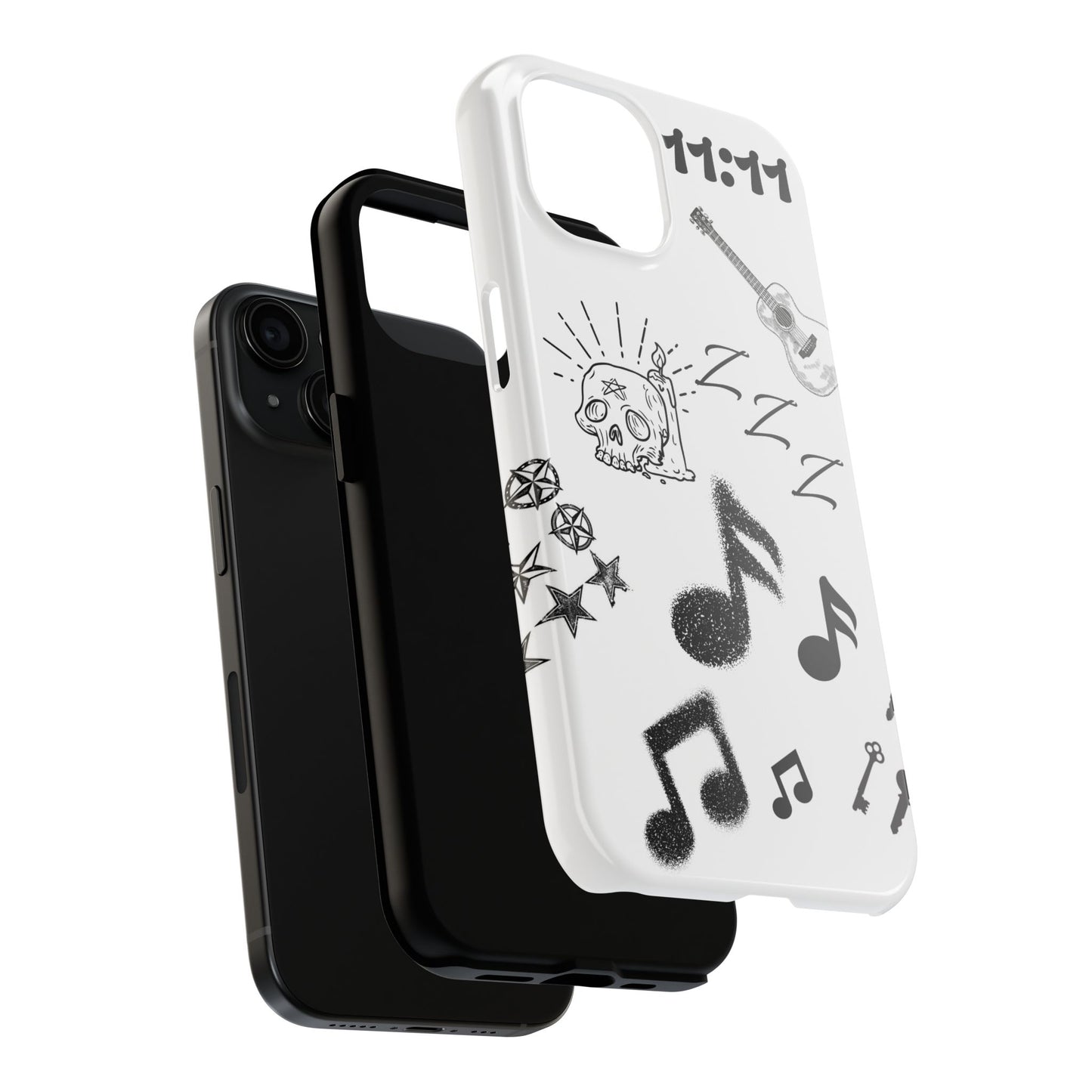 Tough Phone Case — Monochrome Music & Tattoo Doodle Design, 11:11. (No Magsafe)