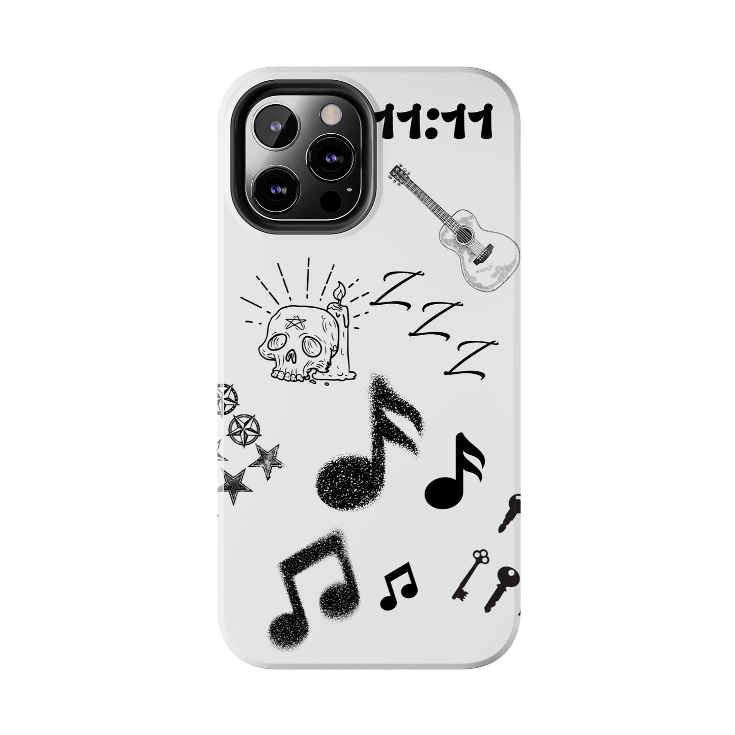 Tough Phone Case — Monochrome Music & Tattoo Doodle Design, 11:11. (No Magsafe)