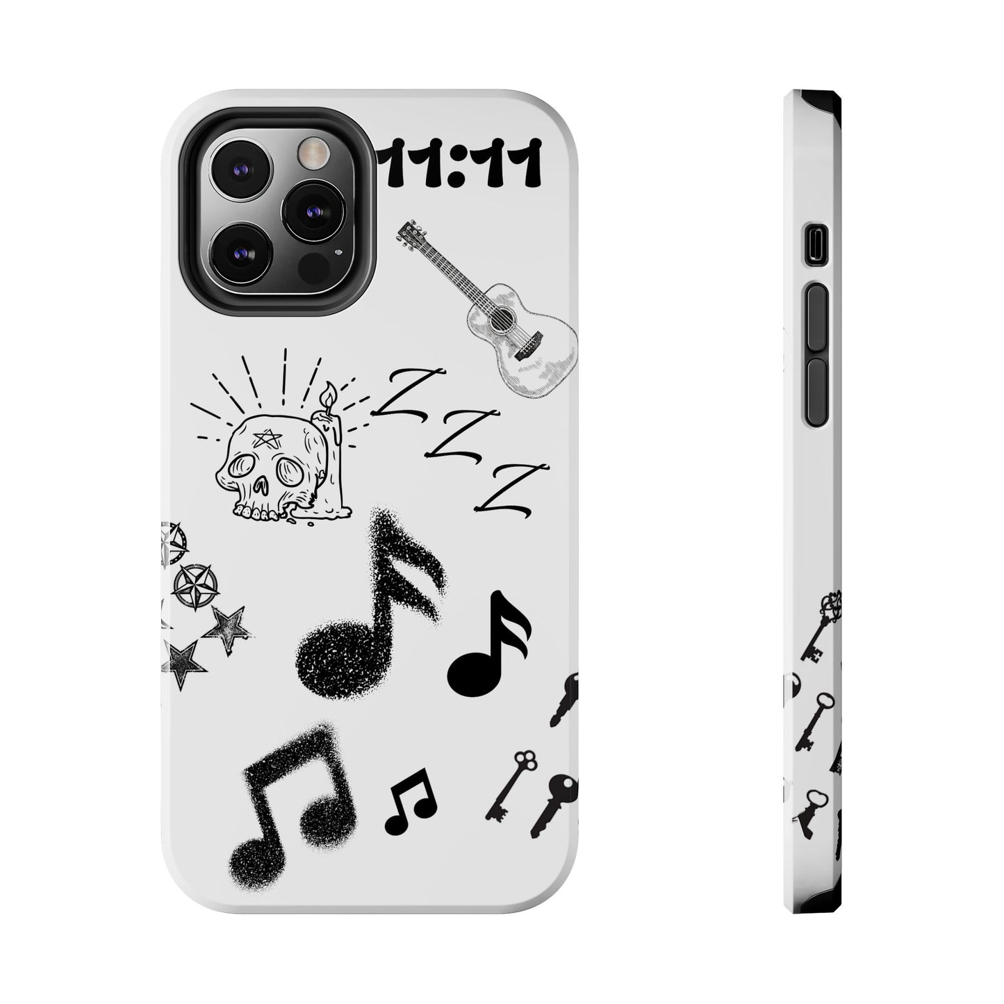 Tough Phone Case — Monochrome Music & Tattoo Doodle Design, 11:11. (No Magsafe)